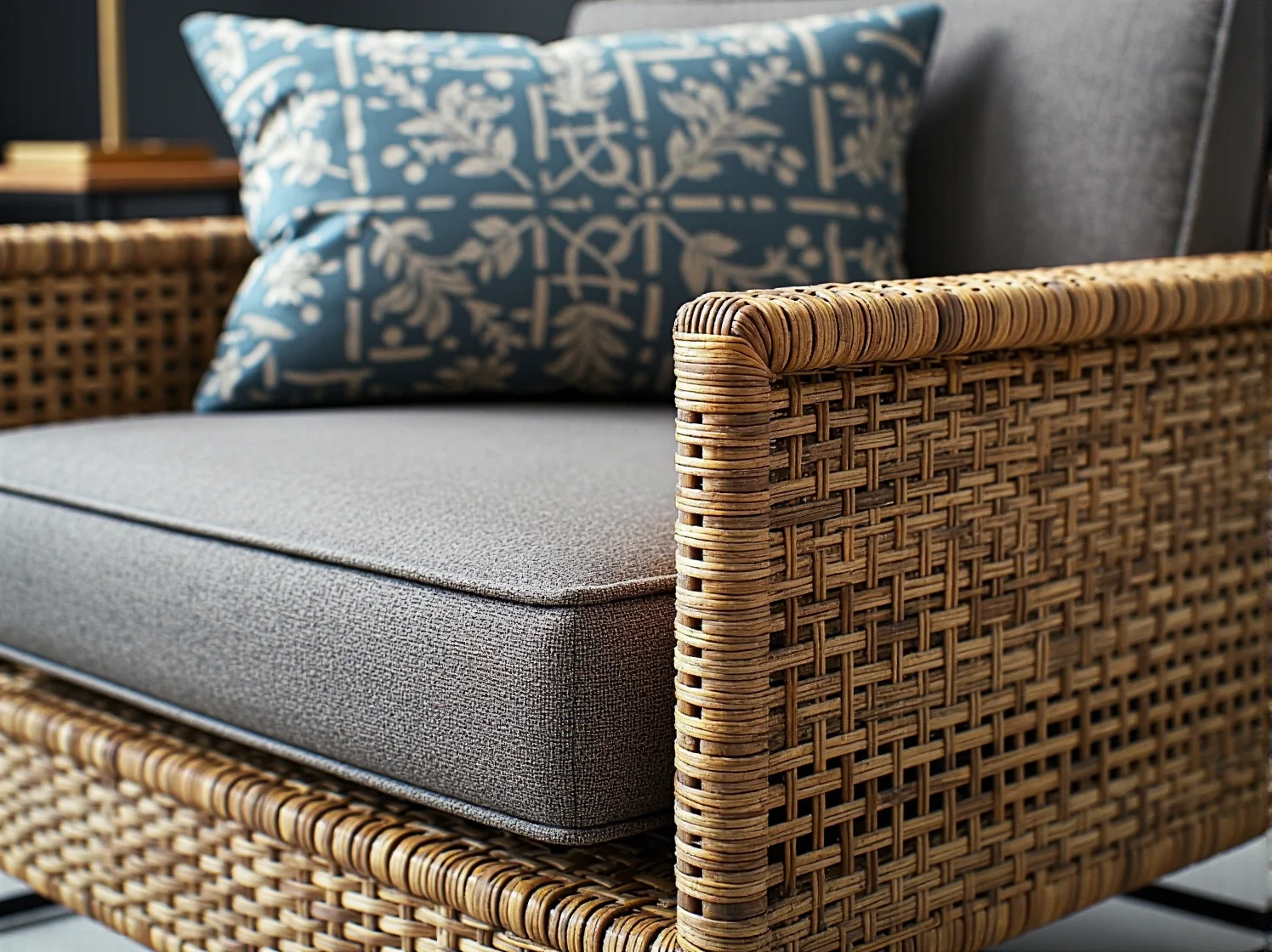 Zbliżenie na plecionkę z rattanu syntetycznego pokazujące trwałość i jakość materiału.