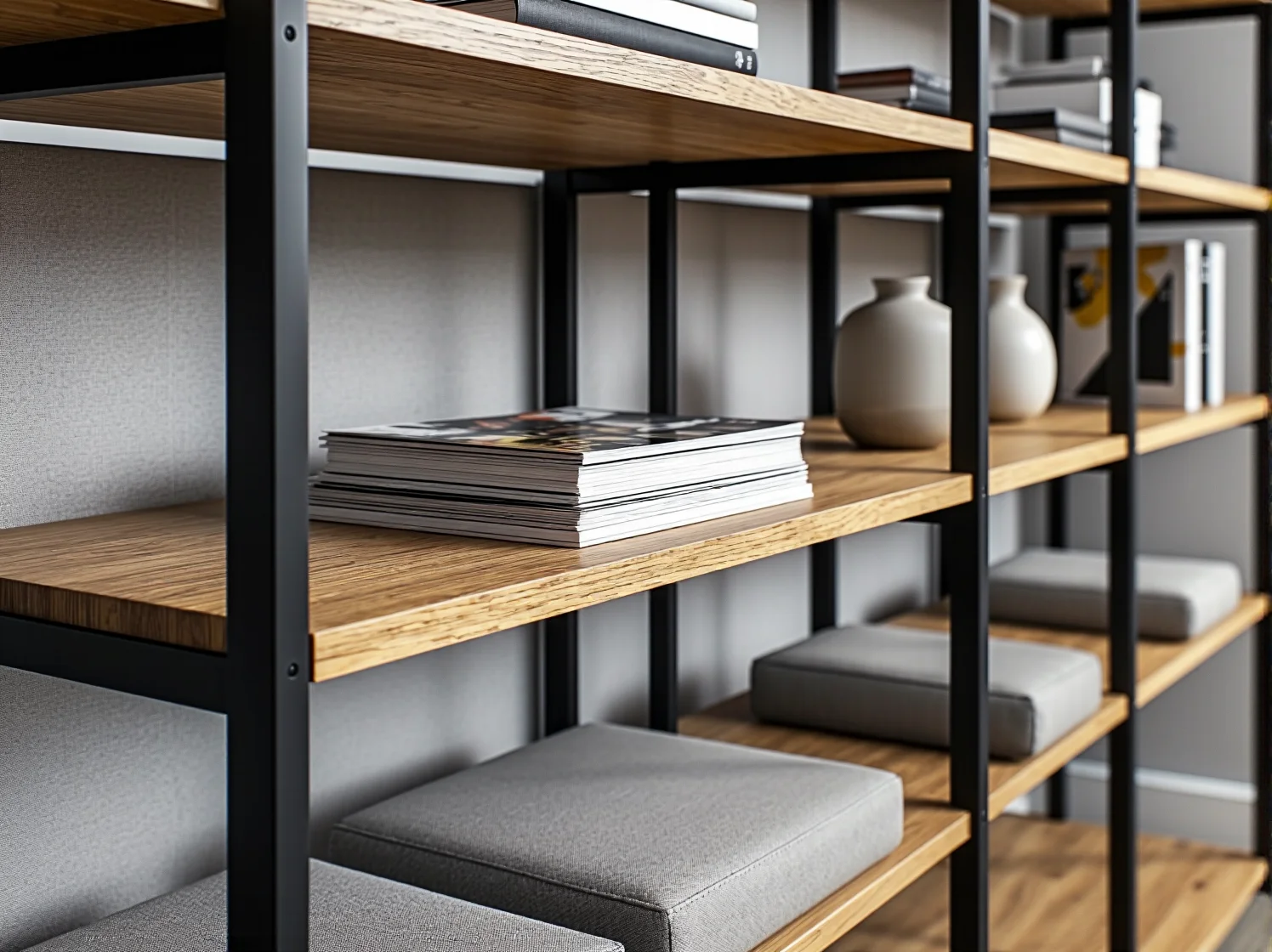 Wytrzymała konstrukcja regału biurowego z litego drewna i metalu, zapewniająca trwałość na lata.