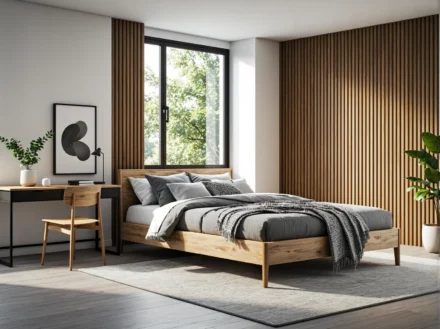 Łóżko drewniane dąb craft z wysokim zagłówkiem na nóżkach
