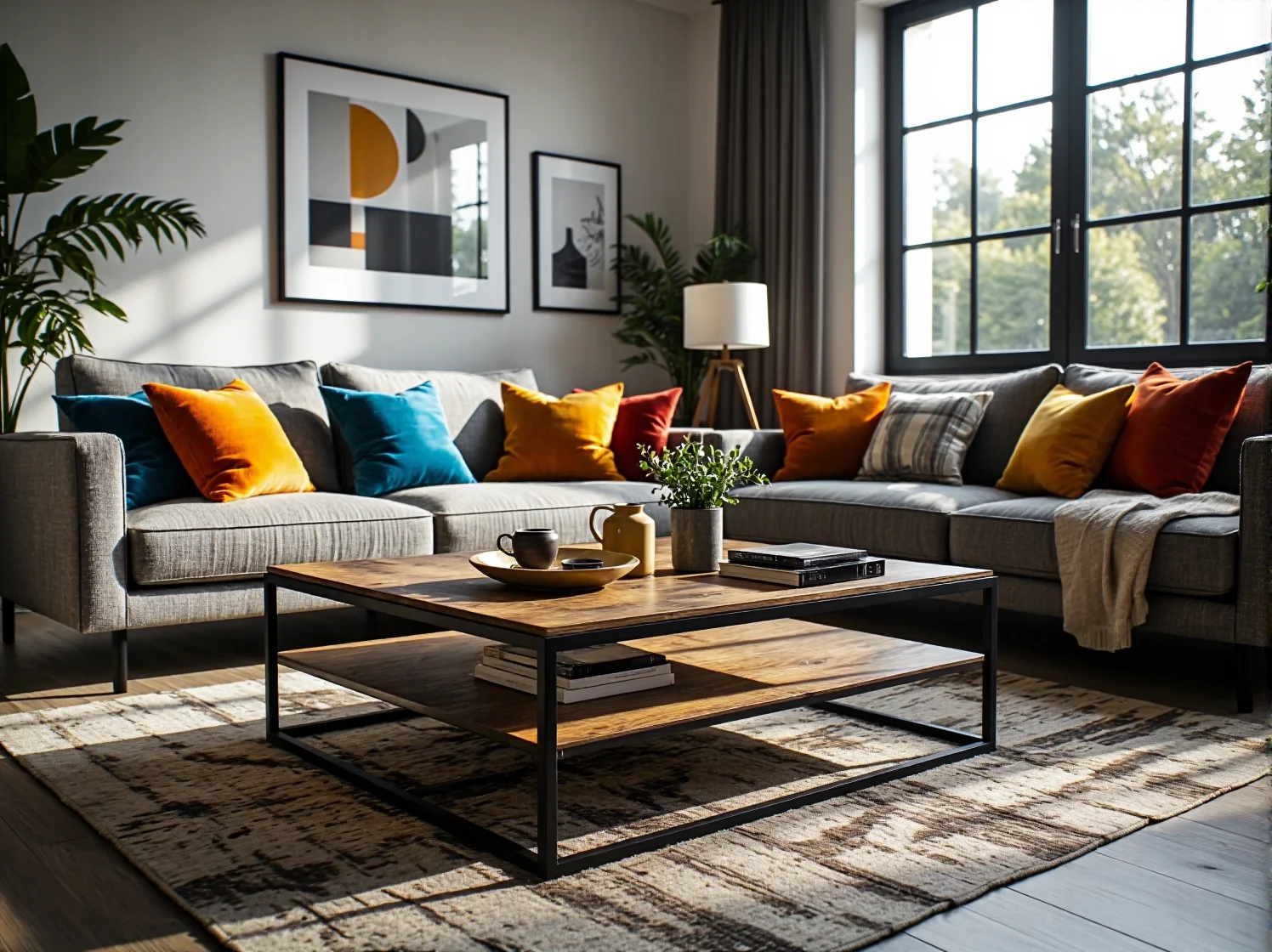 Stolik kawowy loftowy drewno dąb z metalową ramą i półką