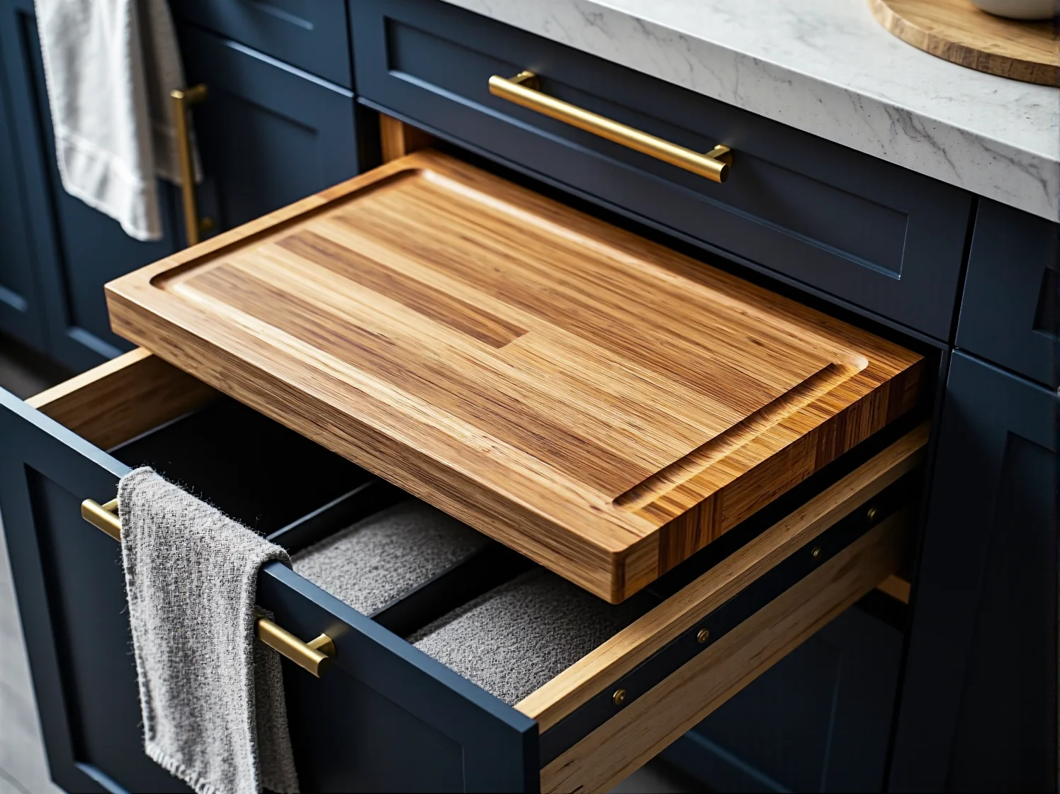 Sprzęt AGD ukryty w szafce z drzwiami żaluzjowymi