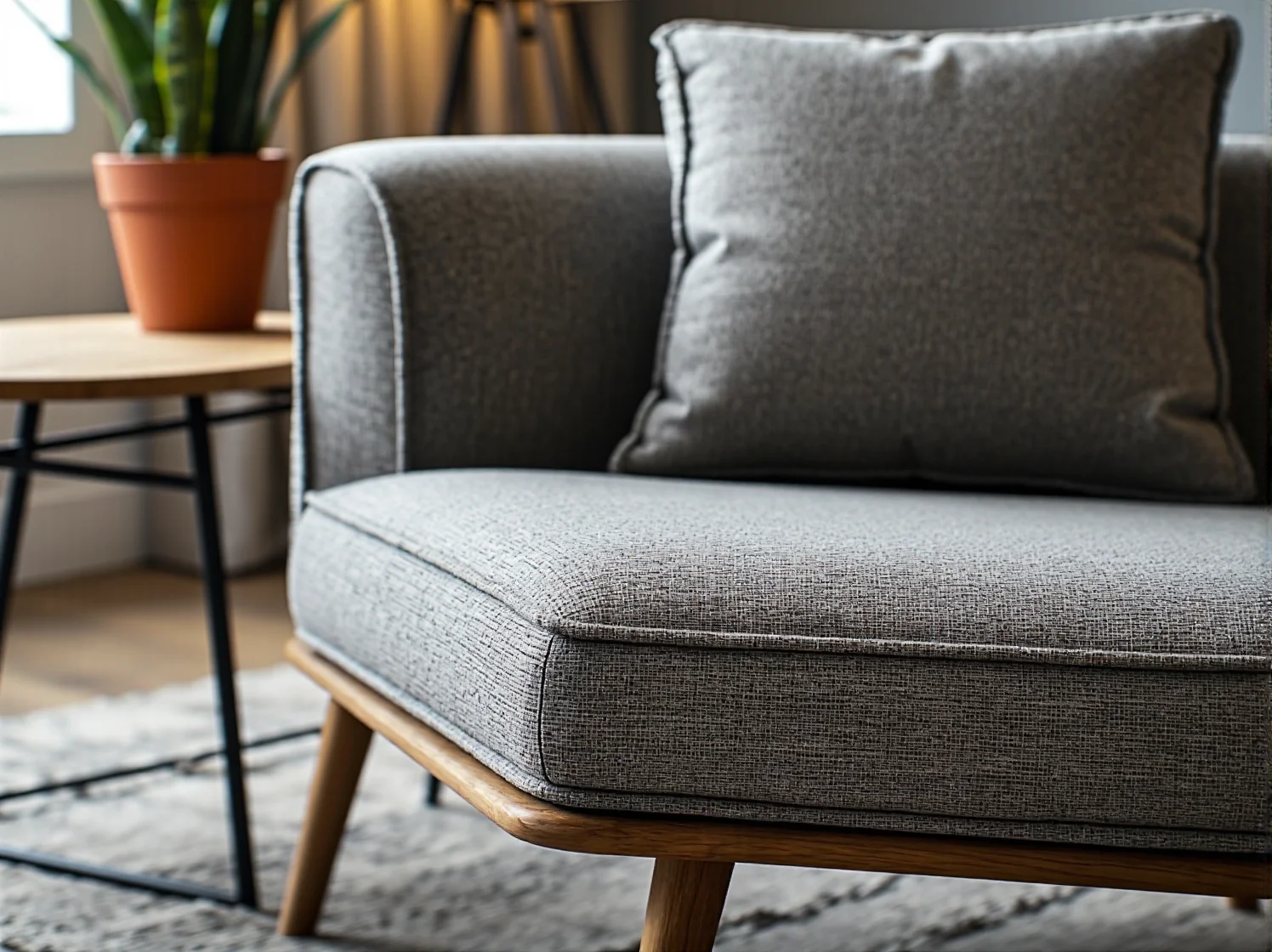 Szary narożnik L ustawiony tyłem do jadalni wyznaczający granice stref w przestronnym pokoju dziennym.