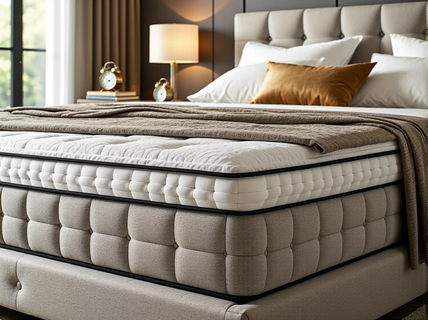 Welurowe obicie łóżka kontynentalnego w stylu modern classic, detal wezgłowia