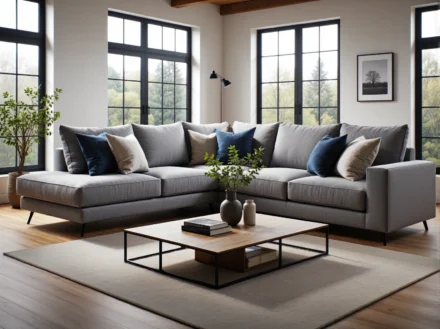 Nowoczesna sofa narożna szara z poduszkami na metalowych nóżkach