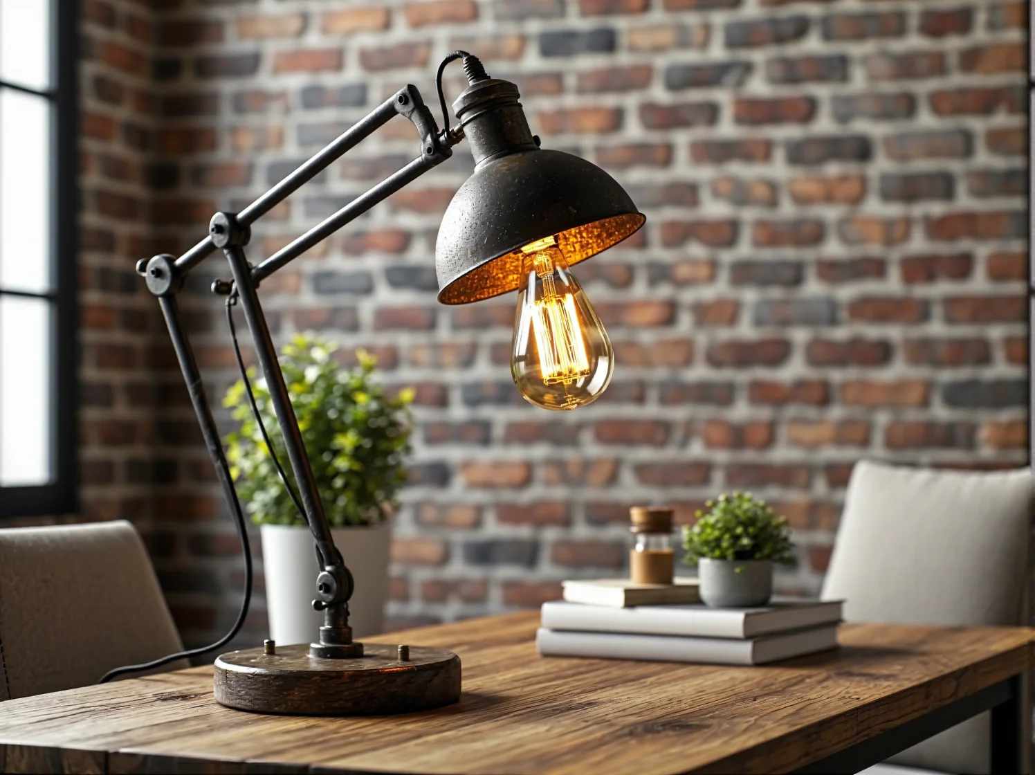 Wiszące żarówki LED Edison na czarnych kablach w loftowej jadalni