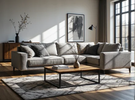 Narożna sofa szara tapicerowana z miękkimi poduszkami na ciemnych nóżkach