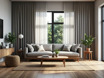 Zasłony skandynawskie szare z białym tiulem do salonu