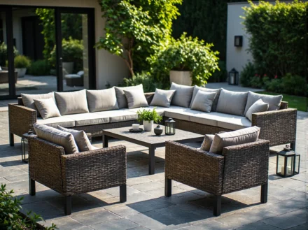 Zestaw ogrodowy technorattan brązowy z sofą narożną i fotelami
