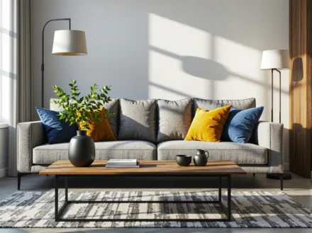 Szara sofa tapicerowana z kolorowymi poduszkami dekoracyjnymi